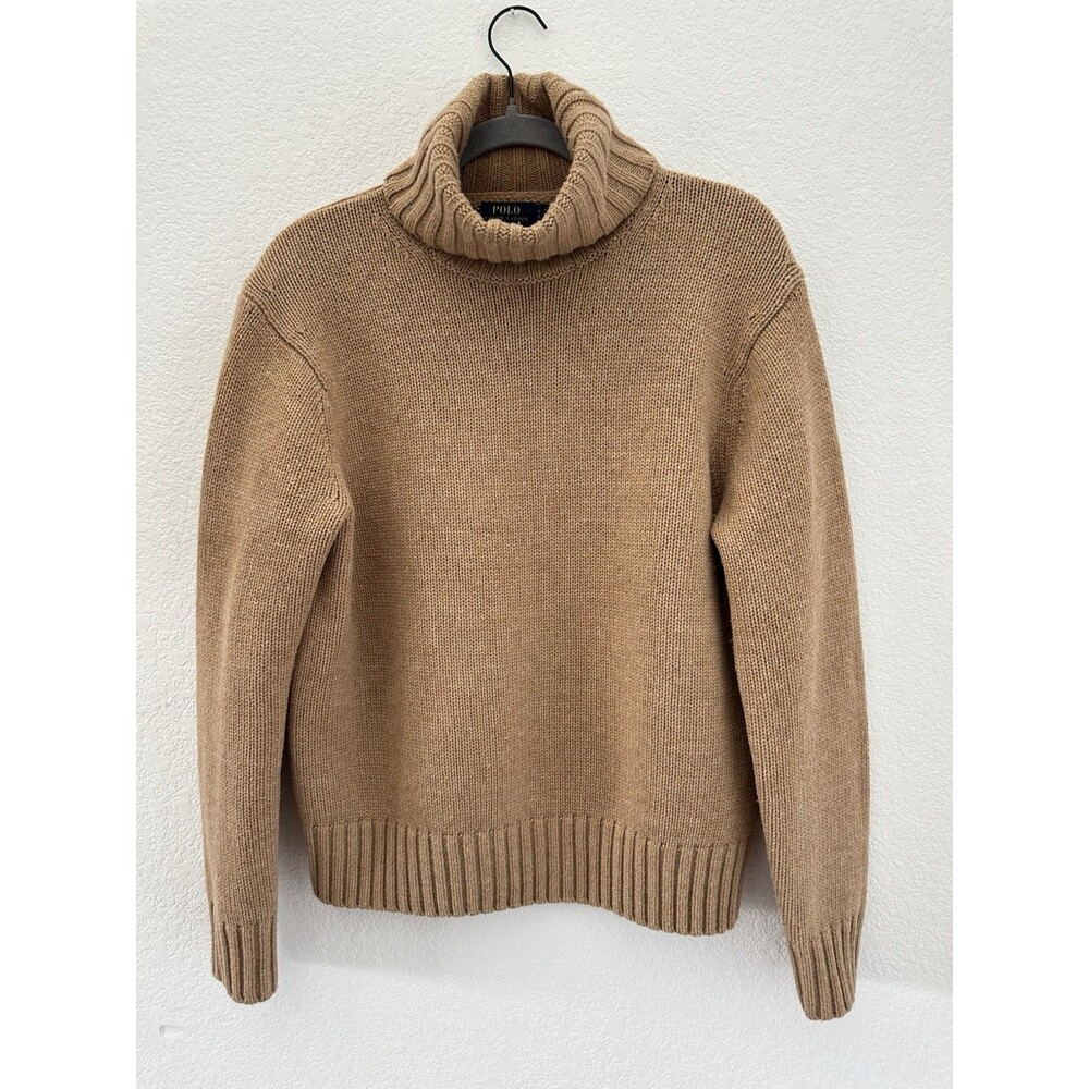 Polo Ralph Lauren Womens S Camel Tan 100% Wool Chunky Knit Turtleneck Sweater